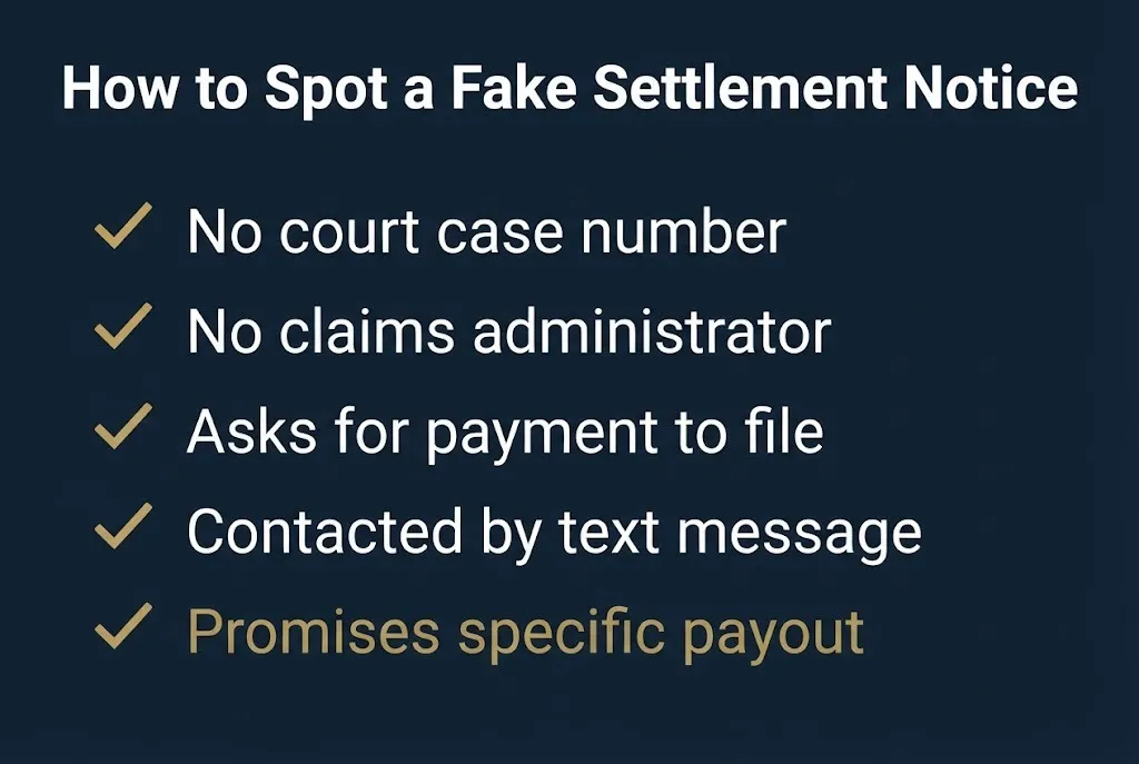Fake settlement notice warning signs checklist showing five red flags for Ziploc lawsuit scams.