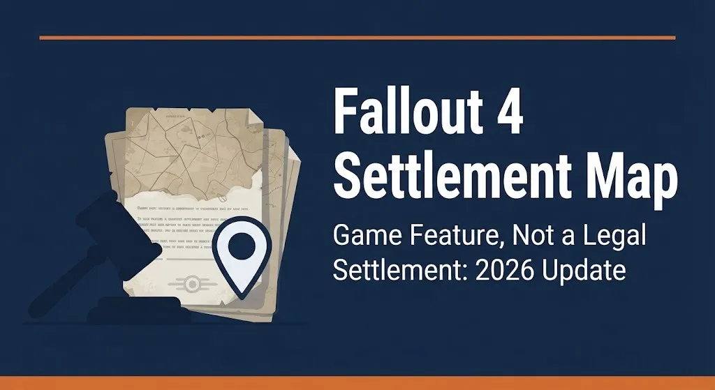 Fallout 4 settlement map 2026 update showing game feature not legal settlement with gavel illustration.