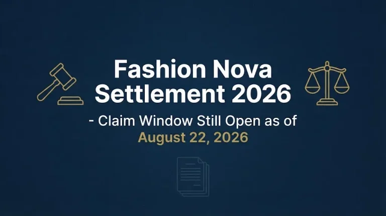 Fashion Nova Settlement 2026 claim deadline status banner with legal symbols on navy background