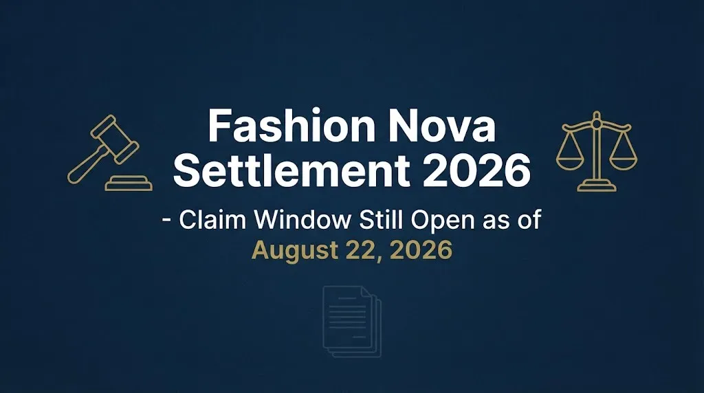 Fashion Nova Settlement 2026 claim deadline status banner with legal symbols on navy background