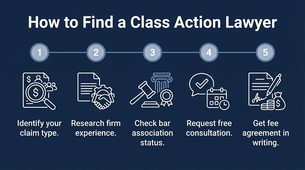 Five-step graphic showing how to find and hire class action lawyers for a consumer claim in 2026.