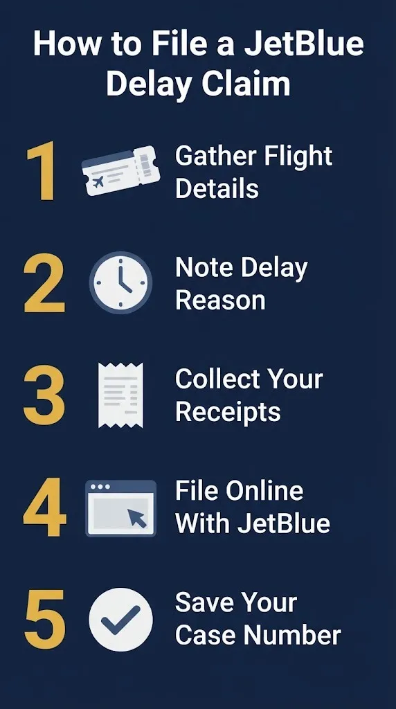 Five-step guide to filing a JetBlue delay compensation claim with receipt and case number steps