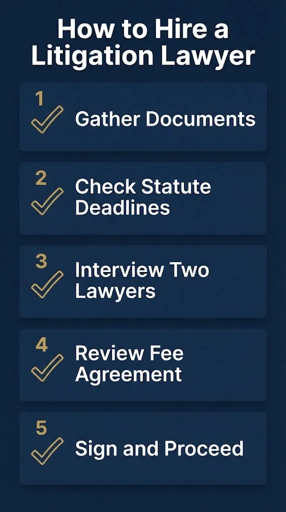 Five step guide to hiring a litigation lawyer with checklist icons