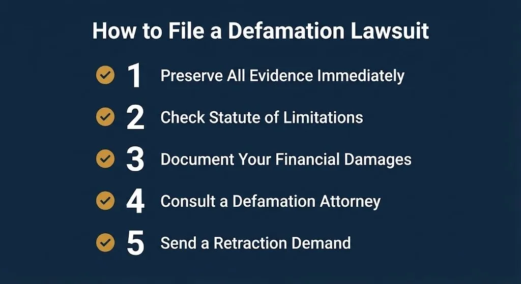 Five-step infographic showing how to file a defamation of character lawsuit from preserving evidence to sending a retraction demand.