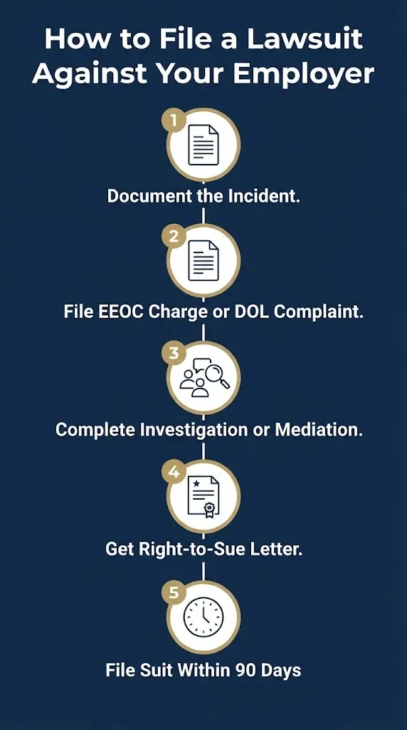 Five-step infographic showing how to file a lawsuit against your employer from documentation to the 90 day filing deadline