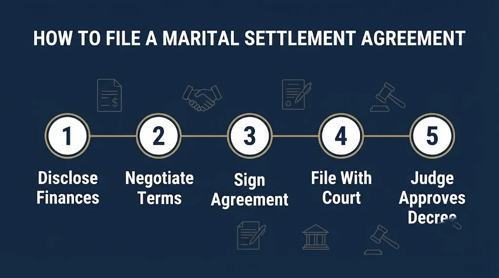 Five-step infographic showing how to file a marital settlement agreement from financial disclosure to final court approval.