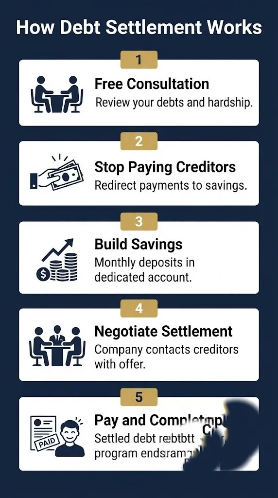 Five-step infographic showing the United Settlement debt settlement process from consultation to program completion.
