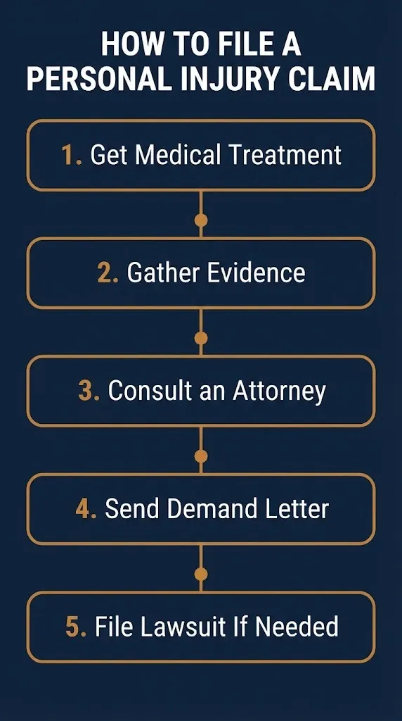 Five-step visual guide showing how to file personal injury lawsuits, from treatment to filing in court.