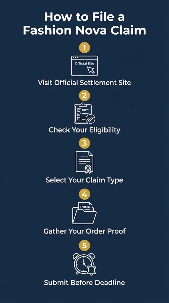 Five-step visual guide to filing a Fashion Nova settlement claim with eligibility and deadline steps