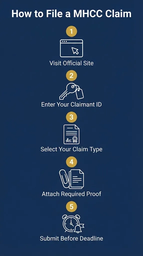 Five-step visual guide to filing a MHCC class action settlement claim with proof and deadline steps