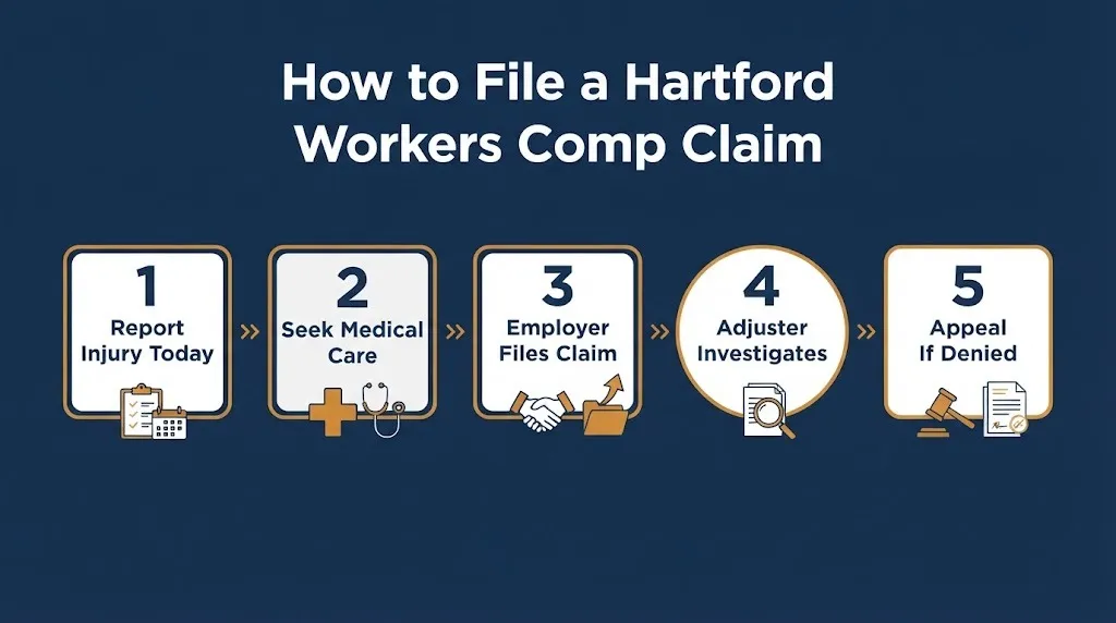 Five steps to file a Hartford workers compensation claim from reporting injury to appealing denial.