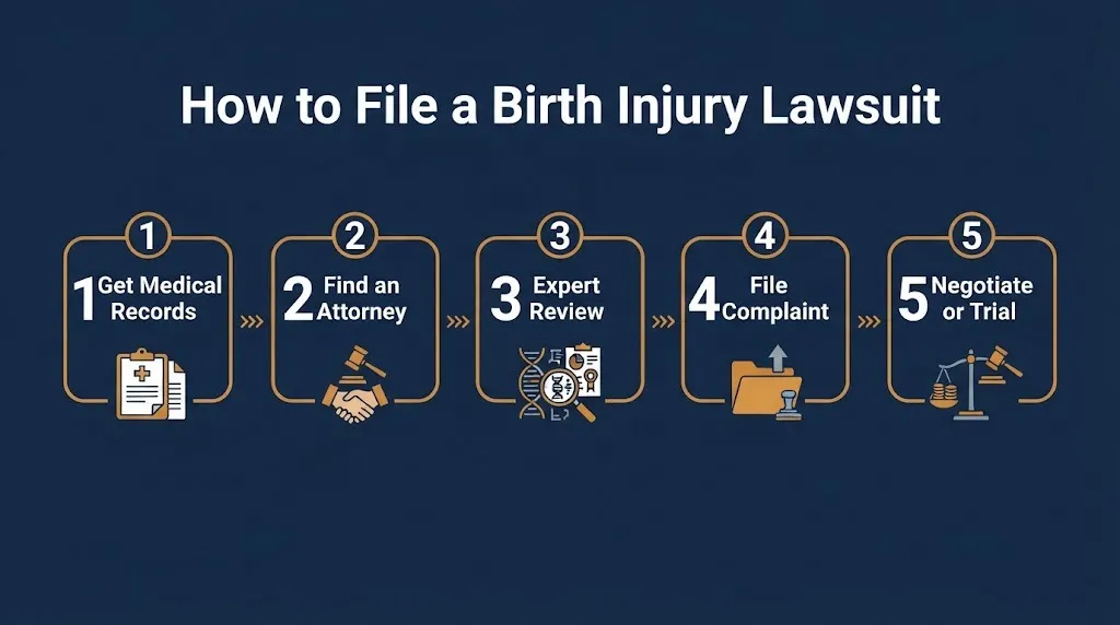 Five steps to file a birth injury lawsuit from medical records to trial.