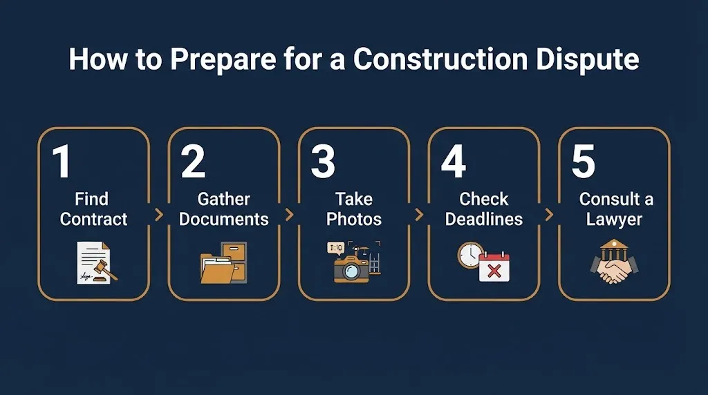 Five steps to prepare for a construction dispute from finding the contract to consulting a lawyer.