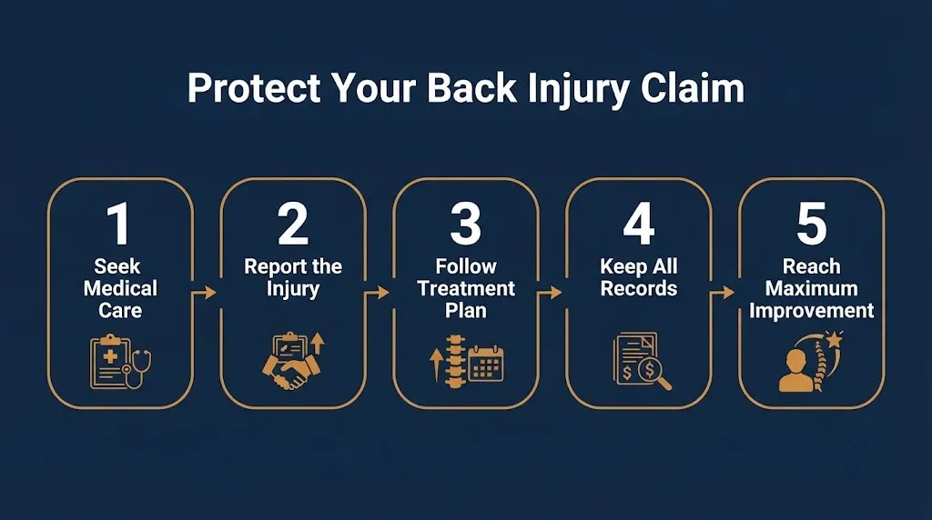 Five steps to protect a back injury settlement without surgery from initial care to maximum improvement.