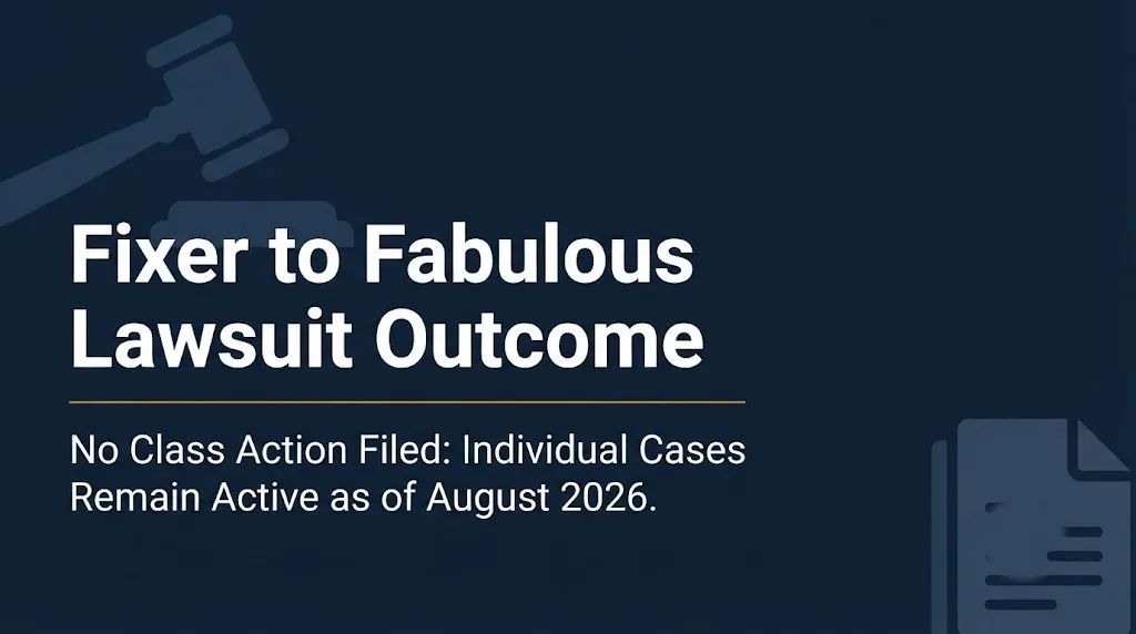 Fixer to Fabulous lawsuit outcome 2026 banner showing no class action exists, only individual cases.