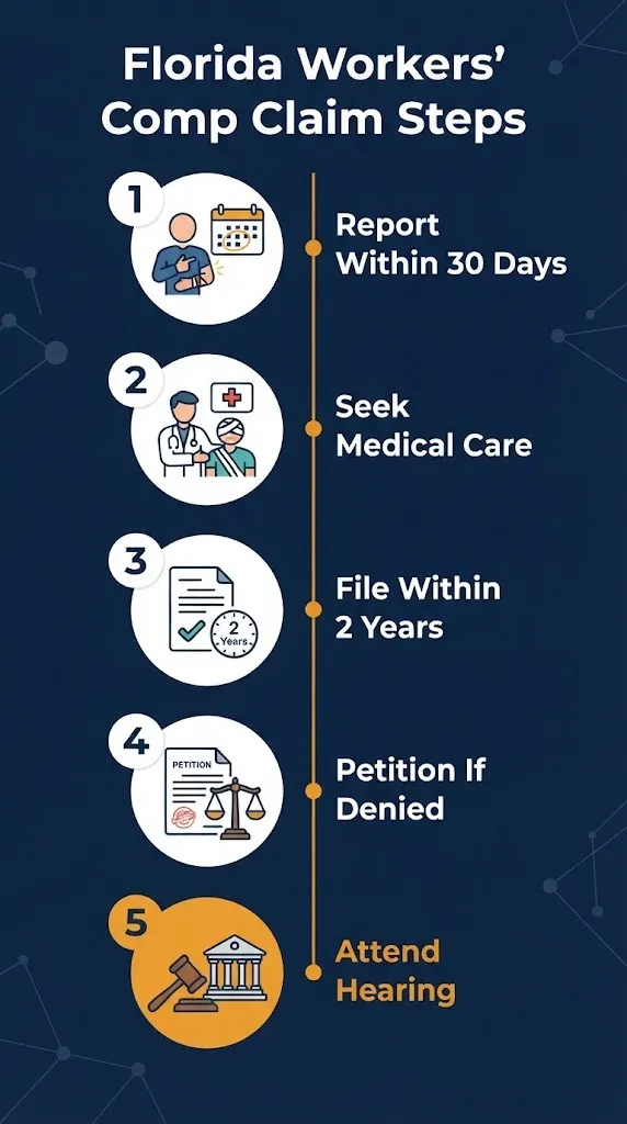 Florida workers compensation claim steps showing reporting, medical care, filing, and hearing process.