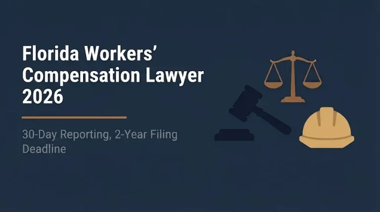 Florida workers compensation lawyer 2026 banner showing reporting and filing deadlines with legal icons.