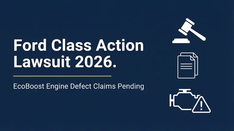 Ford class action lawsuit 2026 hero banner showing EcoBoost engine defect claims pending in court.