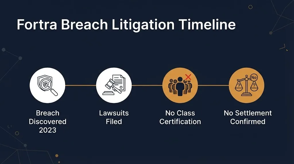 Fortra breach litigation timeline showing 2023 breach, lawsuits filed, and no settlement confirmed.