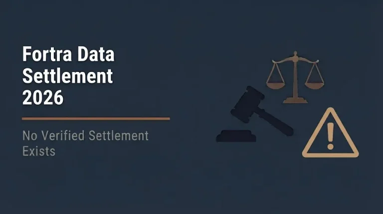Fortra data settlement 2026 banner showing no verified settlement exists with legal and warning icons.