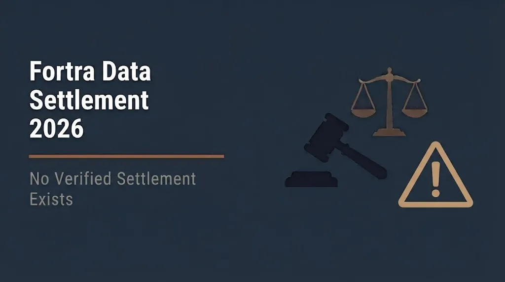 Fortra data settlement 2026 banner showing no verified settlement exists with legal and warning icons.