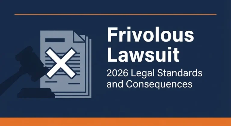 Frivolous lawsuit 2026 legal standards and consequences banner with gavel and rejection symbol illustration.
