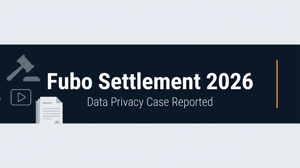 Fubo settlement 2026 banner showing data privacy case reported status.