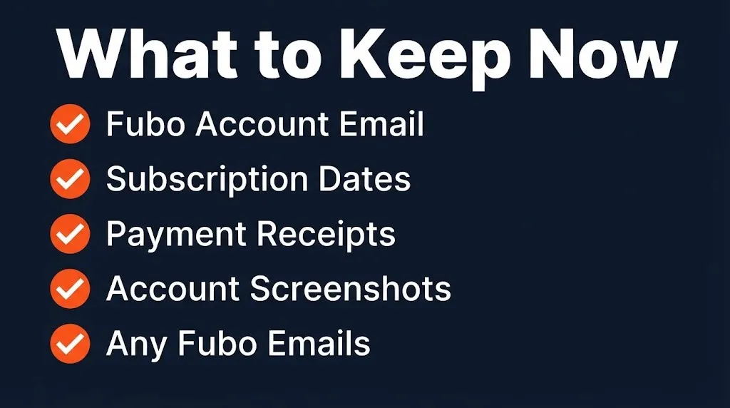 Fubo settlement preparation checklist showing account email, subscription dates, and records to keep.