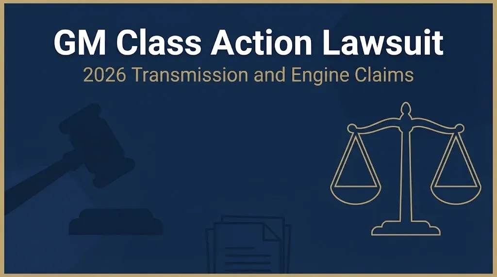 GM class action lawsuit 2026 banner with legal symbols on navy background