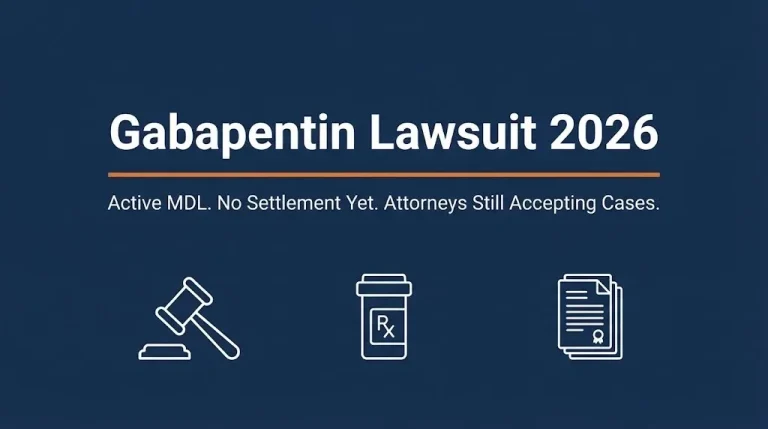 Gabapentin lawsuit 2026 banner showing active multidistrict litigation and no settlement yet.