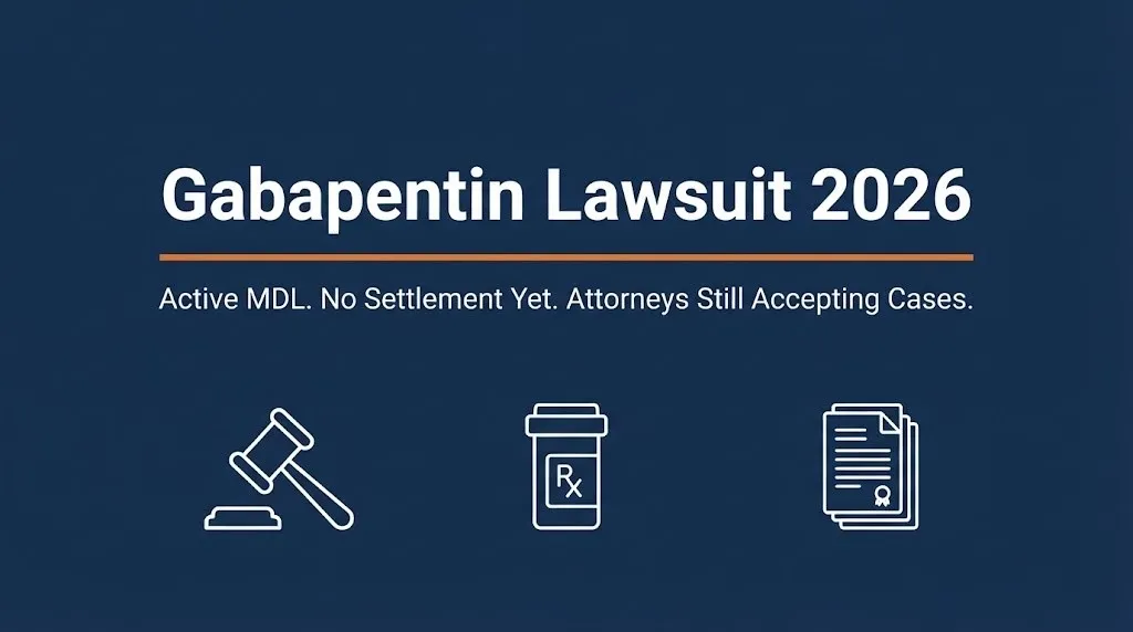 Gabapentin lawsuit 2026 banner showing active multidistrict litigation and no settlement yet.