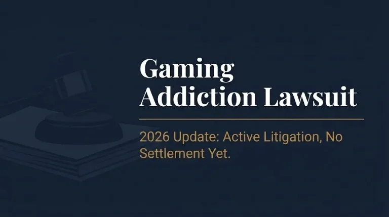 Gaming addiction lawsuit 2026 article banner showing active litigation status and no settlement update in editorial legal news style.