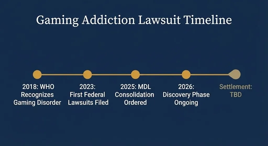 Gaming addiction lawsuit timeline infographic from 2018 WHO recognition through 2026.