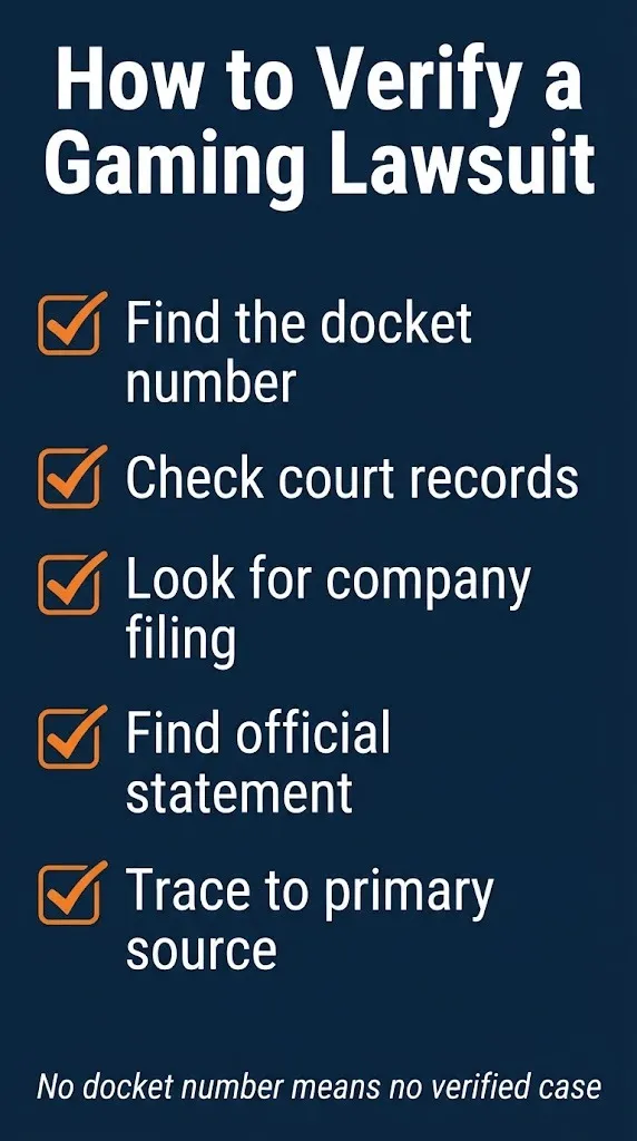 Gaming lawsuit verification checklist showing how to check court records and find official statements before believing legal claims.
