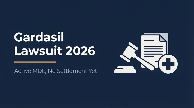 Gardasil lawsuit 2026 banner showing active multidistrict litigation with no settlement yet.