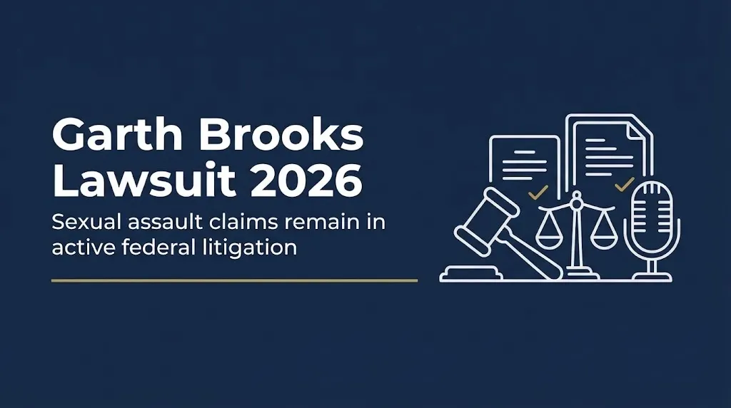 Garth Brooks lawsuit 2026 banner with gavel, scales, and microphone on navy background.