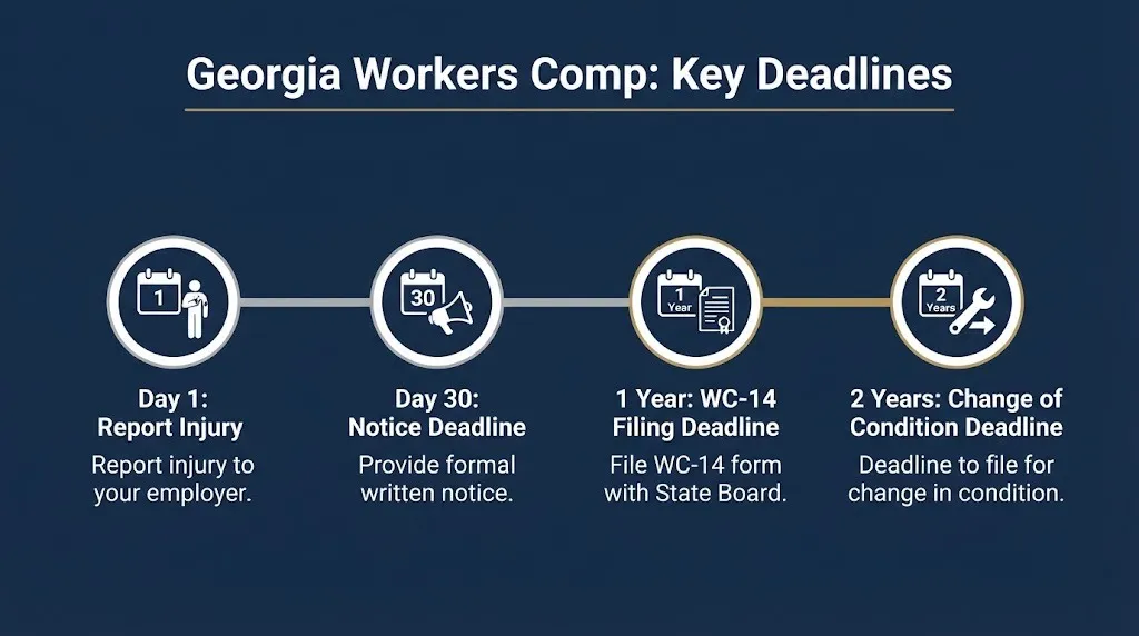 Georgia workers compensation deadlines timeline showing 30 day notice and one year filing deadline milestones.