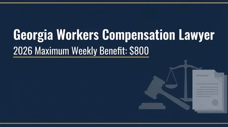 Georgia workers compensation lawyer 2026 guide showing the 800 dollar maximum weekly benefit rate with legal illustration icons.