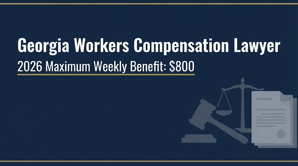 Georgia workers compensation lawyer 2026 guide showing the 800 dollar maximum weekly benefit rate with legal illustration icons.