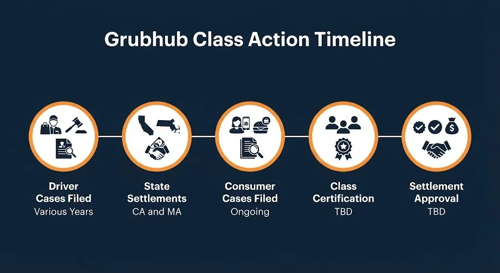 Grubhub class action lawsuit timeline graphic showing five stages from driver cases to potential consumer settlement.