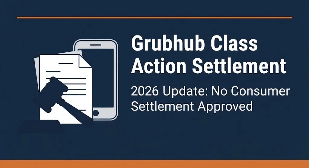 Grubhub class action settlement 2026 status showing no consumer settlement approved yet with gavel illustration.