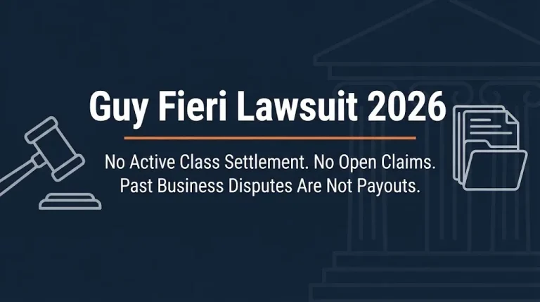 Guy Fieri lawsuit 2026 banner showing no active class settlement and no open claims with legal icons on navy background.