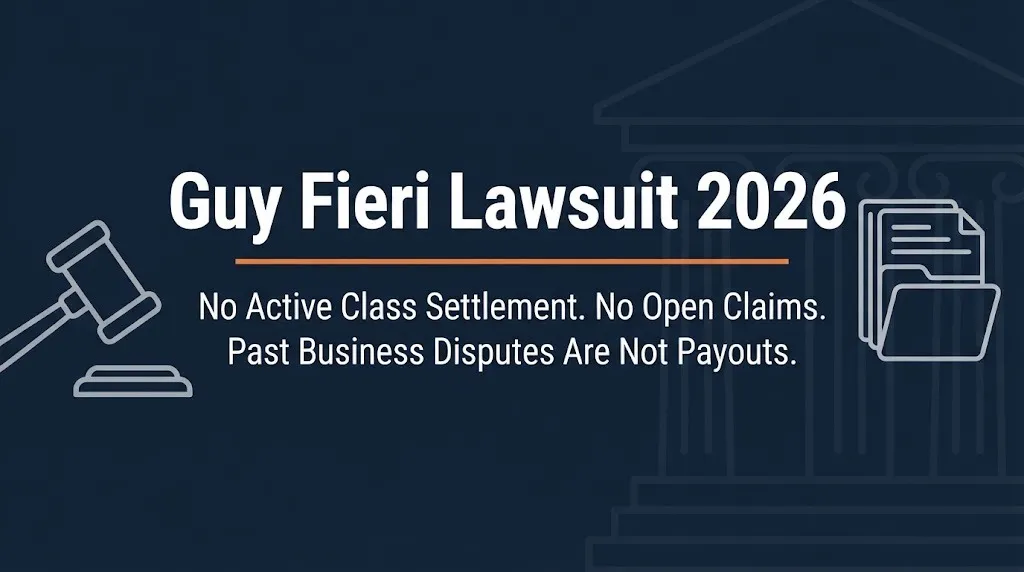Guy Fieri lawsuit 2026 banner showing no active class settlement and no open claims with legal icons on navy background.