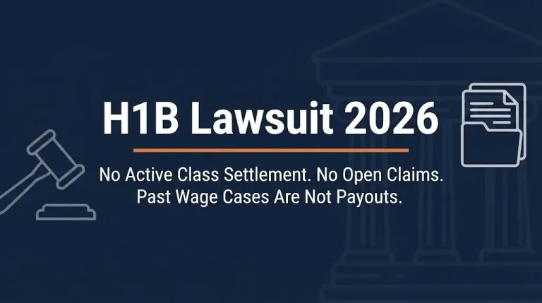 H1B lawsuit 2026 banner showing no active class settlement and no open claims with legal icons on navy background.