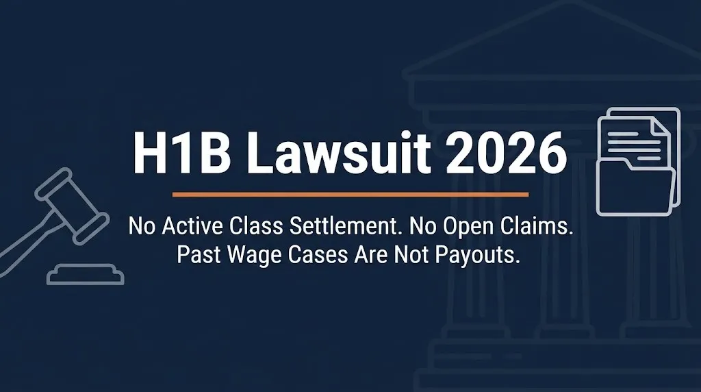 H1B lawsuit 2026 banner showing no active class settlement and no open claims with legal icons on navy background.
