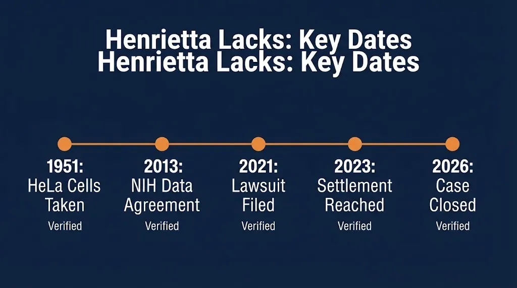 Henrietta Lacks case timeline showing key dates from HeLa cell collection in 1951 to settlement in 2023.