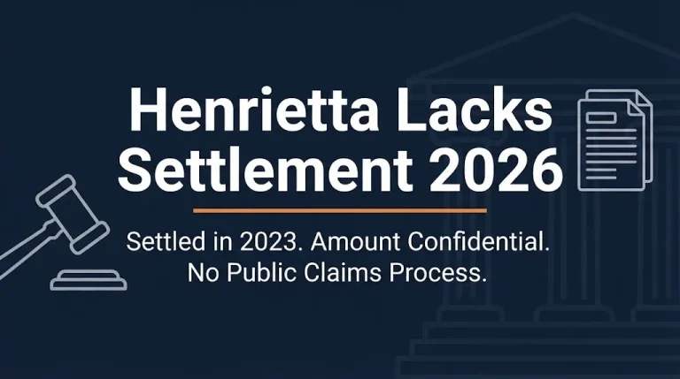 Henrietta Lacks settlement 2026 banner showing settled in 2023 with confidential amount and no public claims process.