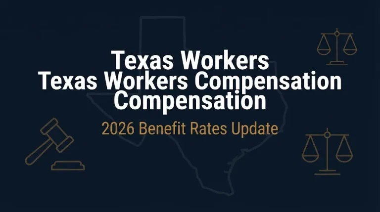 Hero banner for a 2026 Texas workers compensation guide showing gavel and scales icons on navy background.
