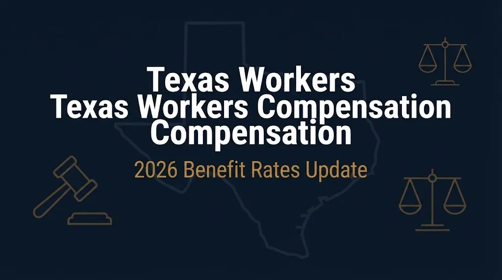 Hero banner for a 2026 Texas workers compensation guide showing gavel and scales icons on navy background.