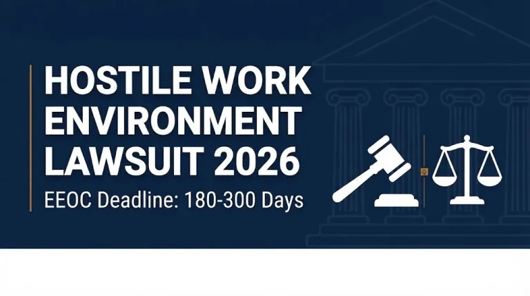 Hero banner for a hostile work environment lawsuit 2026 guide showing the EEOC filing deadline of 180 to 300 days.